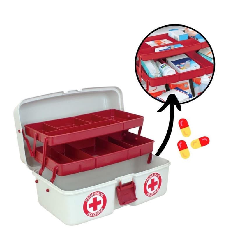Maleta Caixa Primeiros Socorros Organizadora De Medicamentos e Remédios C/ 2 Bandejas Kit Emêrgencia Arqplast