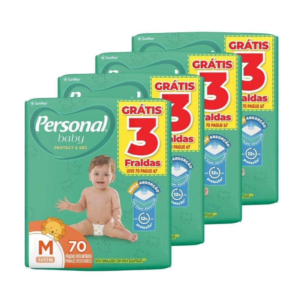 Fralda Descartável Personal Soft & Protect Hiper Tamanho M - 4 Pacotes com 70 Fraldas - Total 280 Tiras