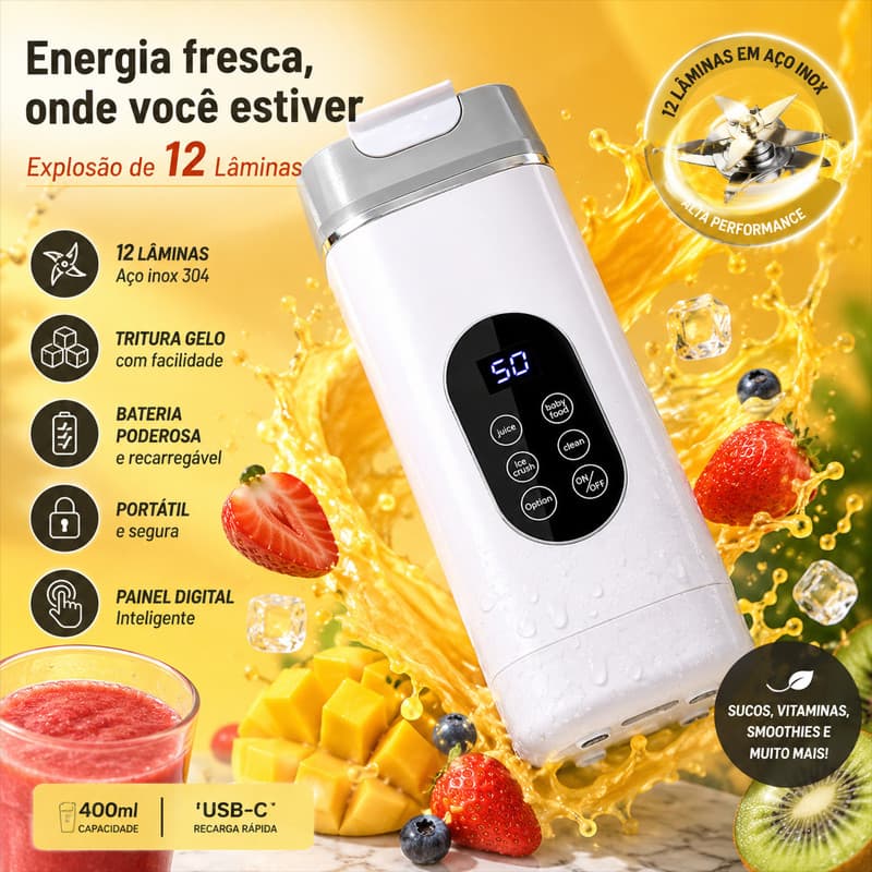 Mini Liquidificador Portátil Recarregável 12 Lâminas para Shakes e Sucos - Triturador de Gelo Potente 420ml