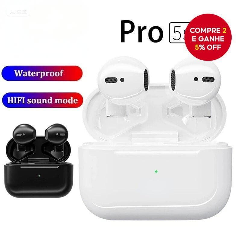 Mini Pro5s Fones de Ouvido TWS Bluetooth Hi-Fi Estéreo Impermeáveis para Esportes com Toque e Redução de Ruído ENC