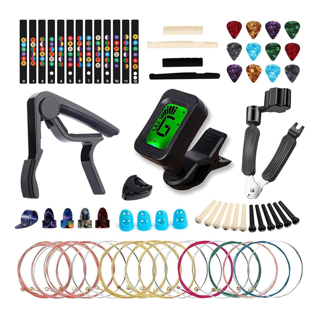 Kit Completo de Acessórios para Guitarra (72 Peças) com Afinador, Capo, Cordas, Palhetas e Ferramentas