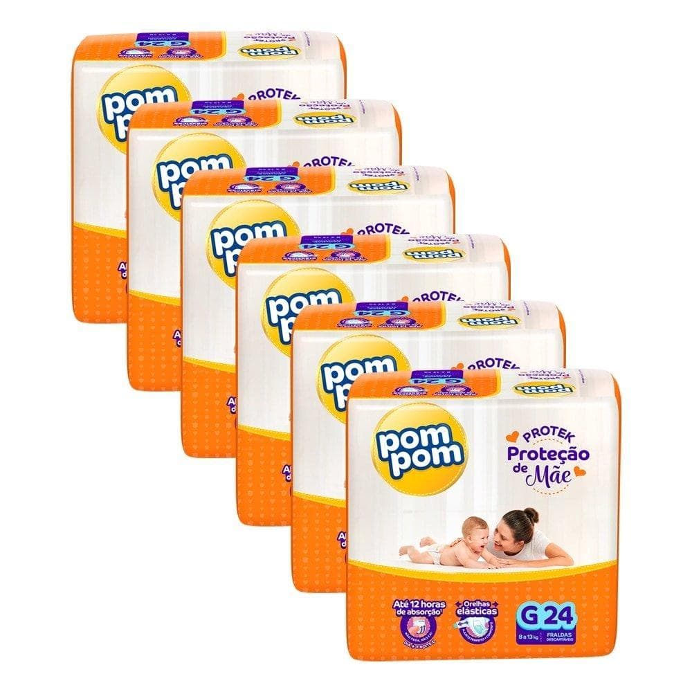 Fralda Descartável Pom Pom Derma Protek Jumbo Tamanho G - 6 Pacotes com 24 Fraldas - Total 144 Tiras
