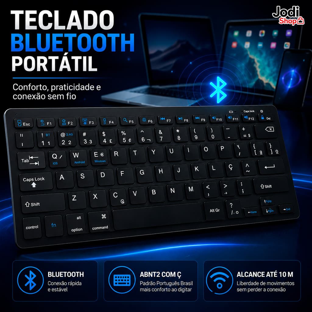 Teclado Sem Fio Bluetooth Portátil ABNT2 Para Home Office Estudo Viagem