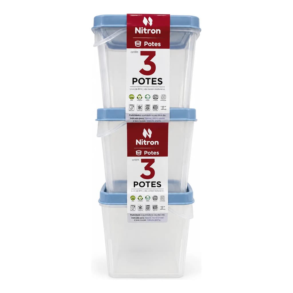 Kit 3 Potes Plástico Com Tampa 450ml Azul Multiuso Mantimentos Organizador Cozinha 