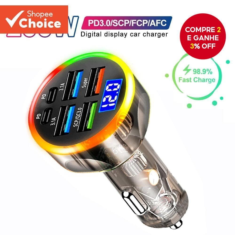 Carregador De Carro Cor Atmosfera Luz Transparente Habitação 4 USB 2 PD 12-24V Carregamento Rápido 97W