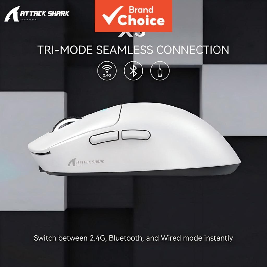 Mouse Gamer Sem Fio Attack Shark X3, Ultra-Leve 49g, Tri-Modo (Com Fio/2.4G/BT5.2), Sensor PAW3395, 26000 DPI