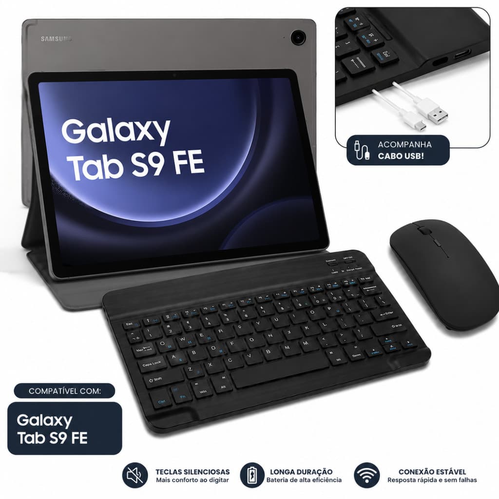 Kit para Tablet Samsung S9 FE 10.9 Mouse e Teclado Slim Sem Fio Bluetooth
