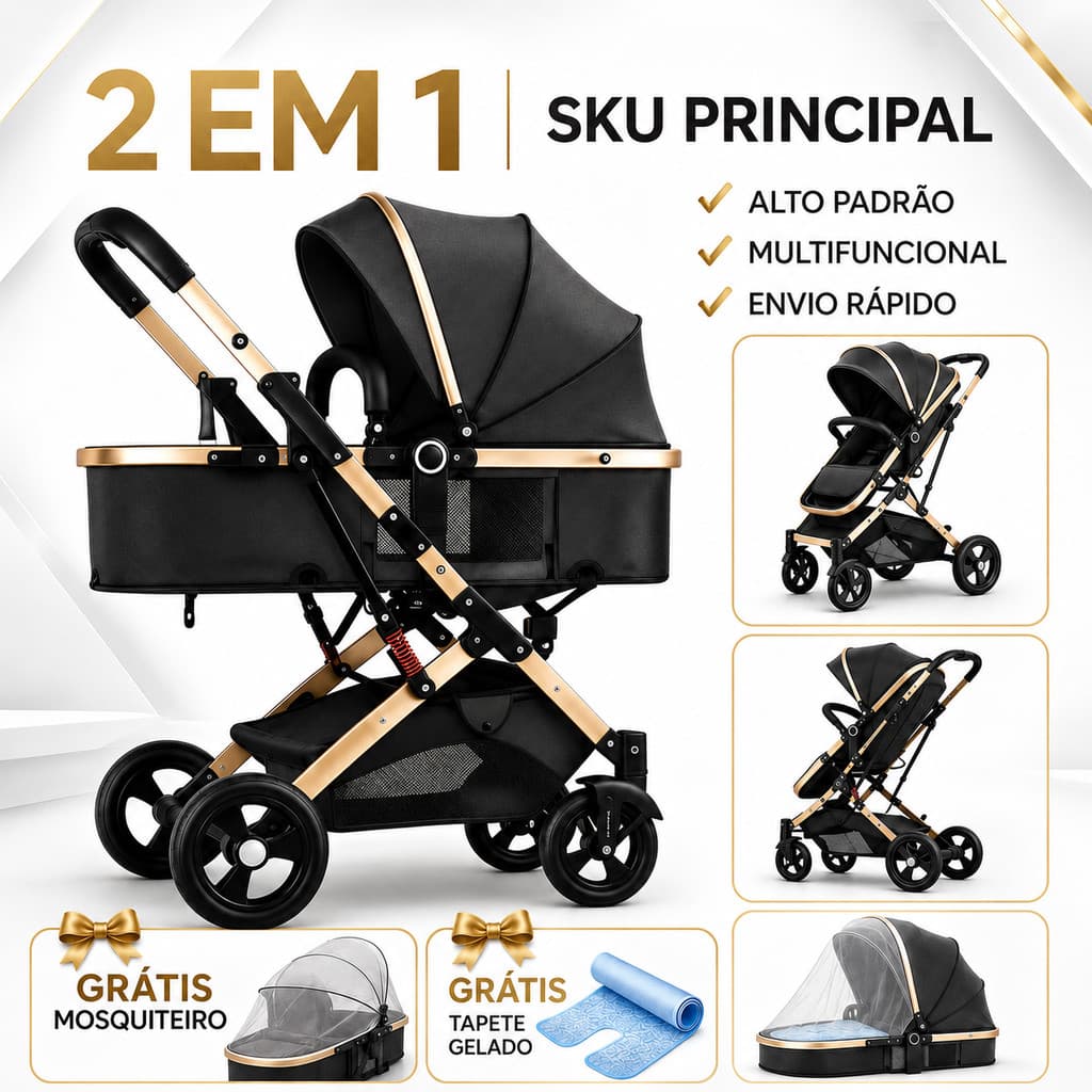 Carrinho de Bebê 2 em 1 Reversível Dobrável com Moisés Amortecedor Luxo Europeu