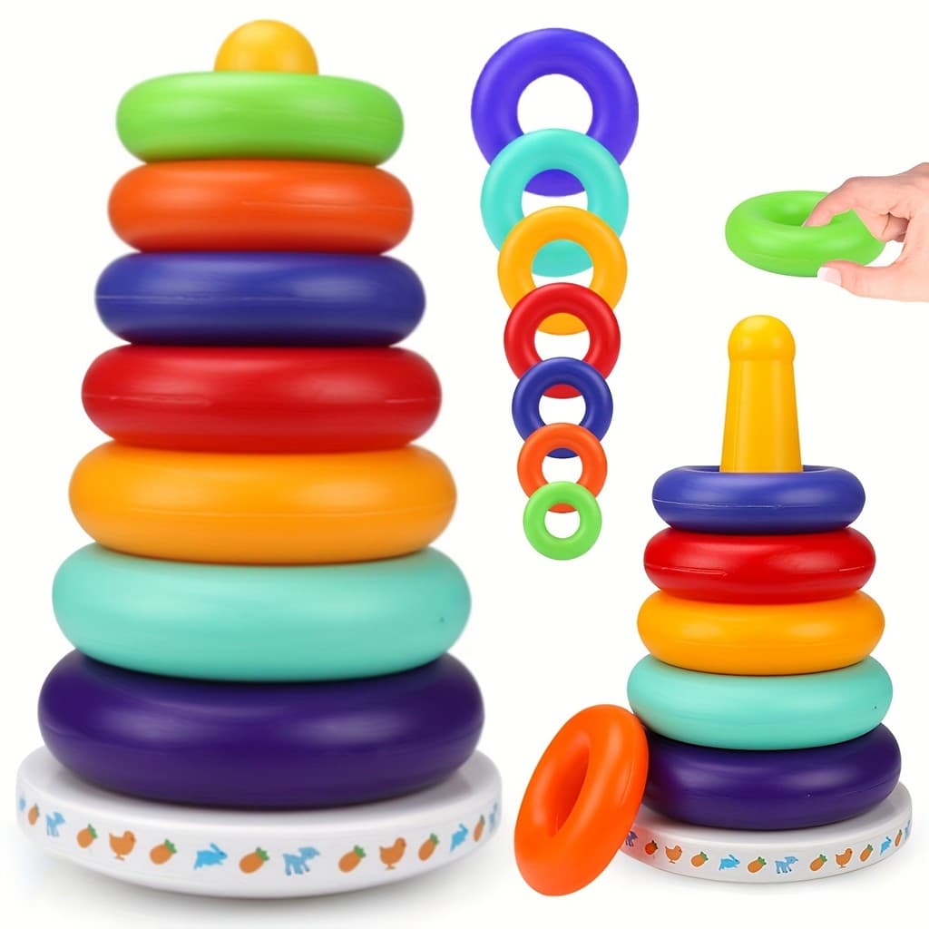 Bebê arco-íris empilhamento círculo brinquedos bebê educação precoce empilhamento música Montessori brinquedos educativo