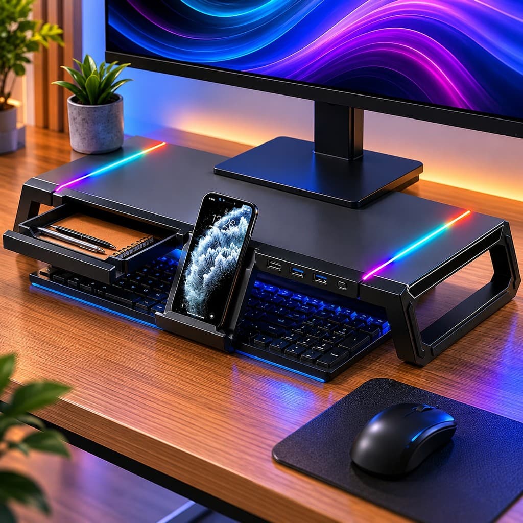 Suporte para Monitor Gamer RGB LED Hub USB 4 Portas Base Elevadora Ajustável Organizador Desktop