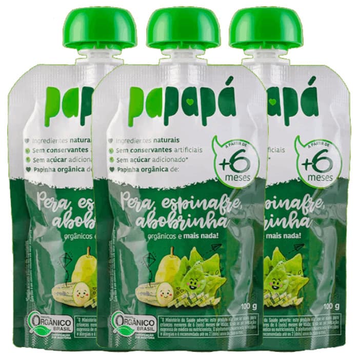 Kit Papinha Infantil Orgânica Pera, Espinafre e Abobrinha Sem Açúcar Papapá - 3 unidades 100g 
