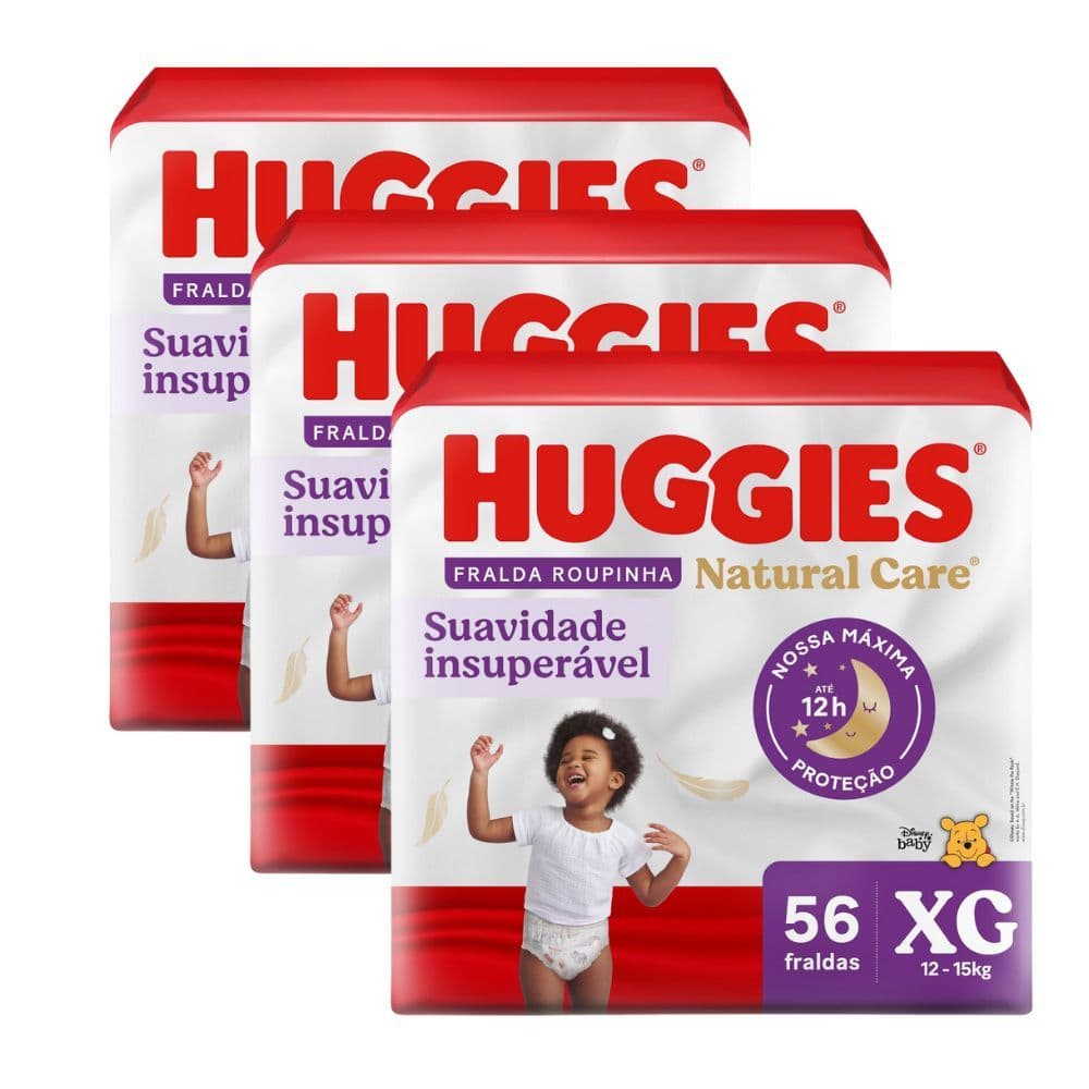 Kit 3 Fralda Roupinha Huggies Natural Care Tamanho XG Pacote Hiper 56 Unidades Descartáveis