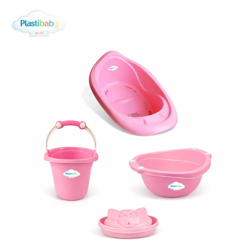 Kit Banheira 22L, Balde 11L, Bacia 14L e Saboneteira | Rosa | Plastibaby | 4 Peças | Banho Bebê