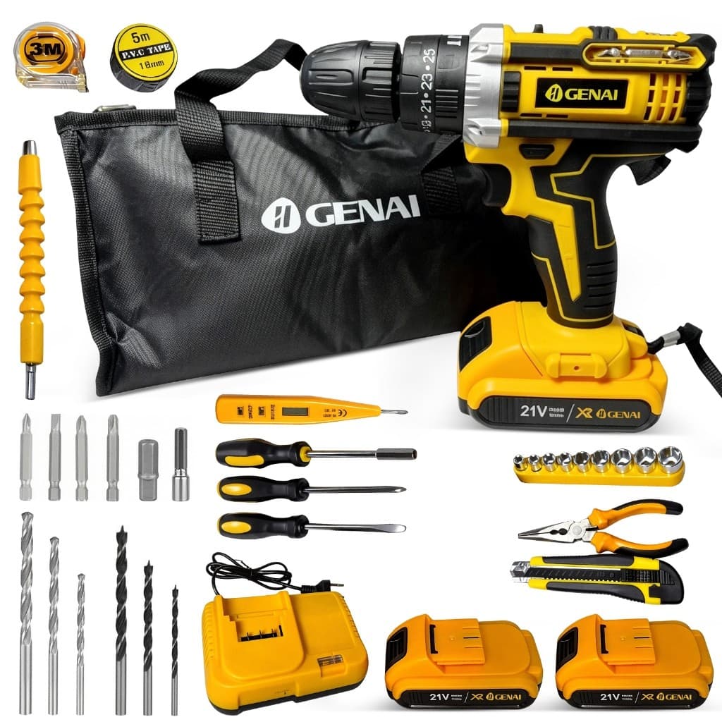 Kit Parafusadeira Furadeira 21V GENAI 5.0Ah 2 Velocidades LED 2 Baterias + 21 Acessórios
