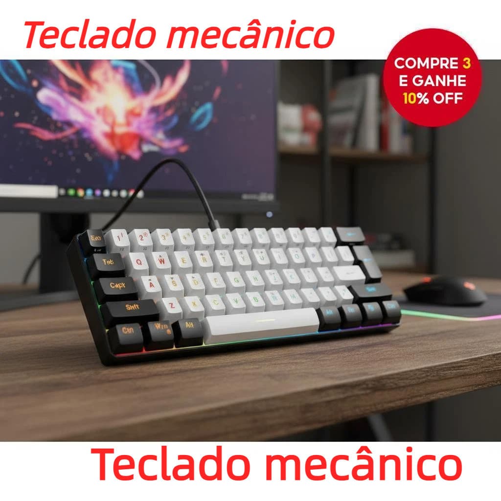 Teclado Mecânico Para Jogos De 61 Teclas Com Numérico , Retroiluminação RGB , Design Compacto E Cabo USB-C Removível
