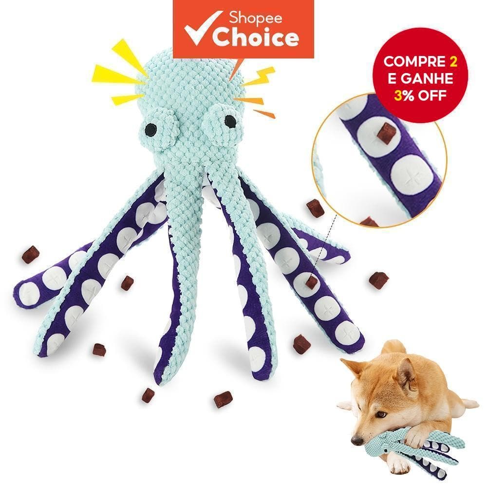 Brinquedo interativo de polvo de pelúcia para cães, durável e barulhento, ideal para pequenos e médios, azul e roxo.