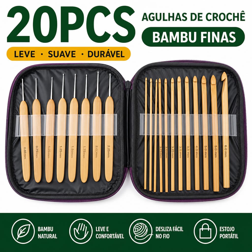 Kit 20 Agulhas de Crochê em Bambu - Ideal para Barbante e Lã Grossa, Não Escorrega e Confortável