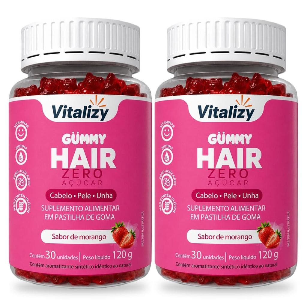 Kit 2x30 Gomas Gummy Hair Vitamina Cabelo Pele Unhas Biotina Crescimento Capilar Morango Zero Açúcar Vitalizy Original