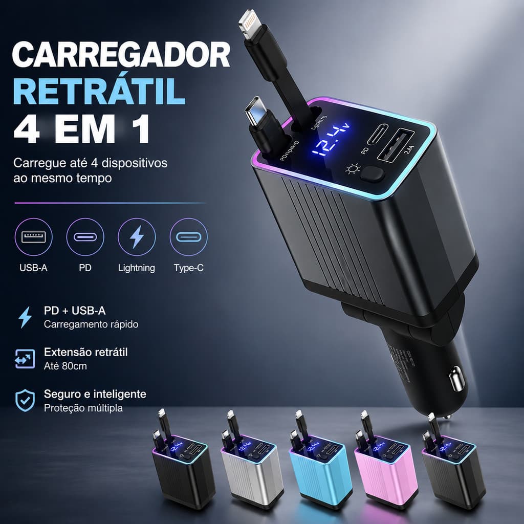 Carregador Veicular Retrátil 4 em 1 PD USB Tipo-C Lightning Carga Rápida 12V-24V