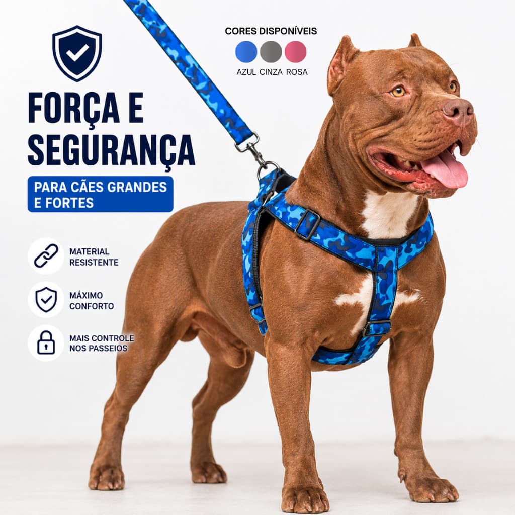 Peitoral Coleira Com Guia Cachorro Grande Medio Porte Ajustável Resistente Camuflado Pet