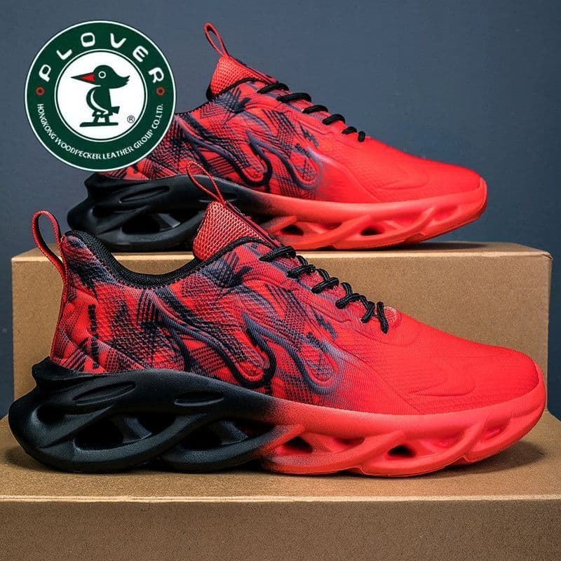 [PLOVER] Sapatos masculinos vermelhos chineses primavera respirável lâmina sola tênis esportivos tênis de corrida com ab