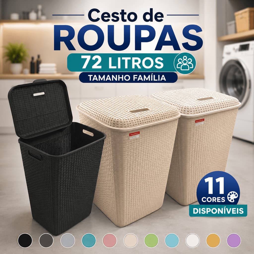Cesto Roupa Suja 72L Tampa Grande Organizador Roupas Lavanderia Área Serviço Banheiro Resistente