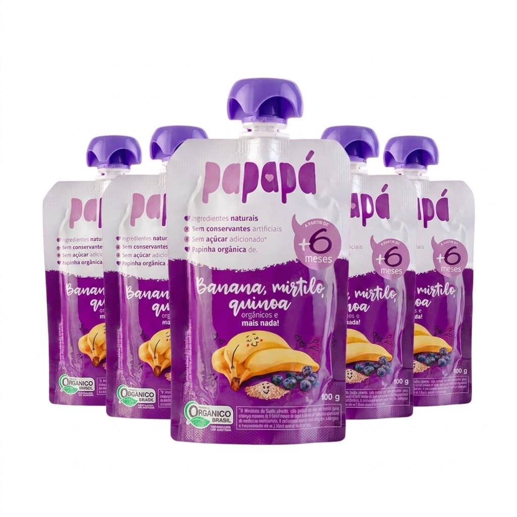 Kit Papinha Infantil Orgânica Banana Mirtilo e Quinoa Papapá Sem Açúcar - 5 Unidades 100g