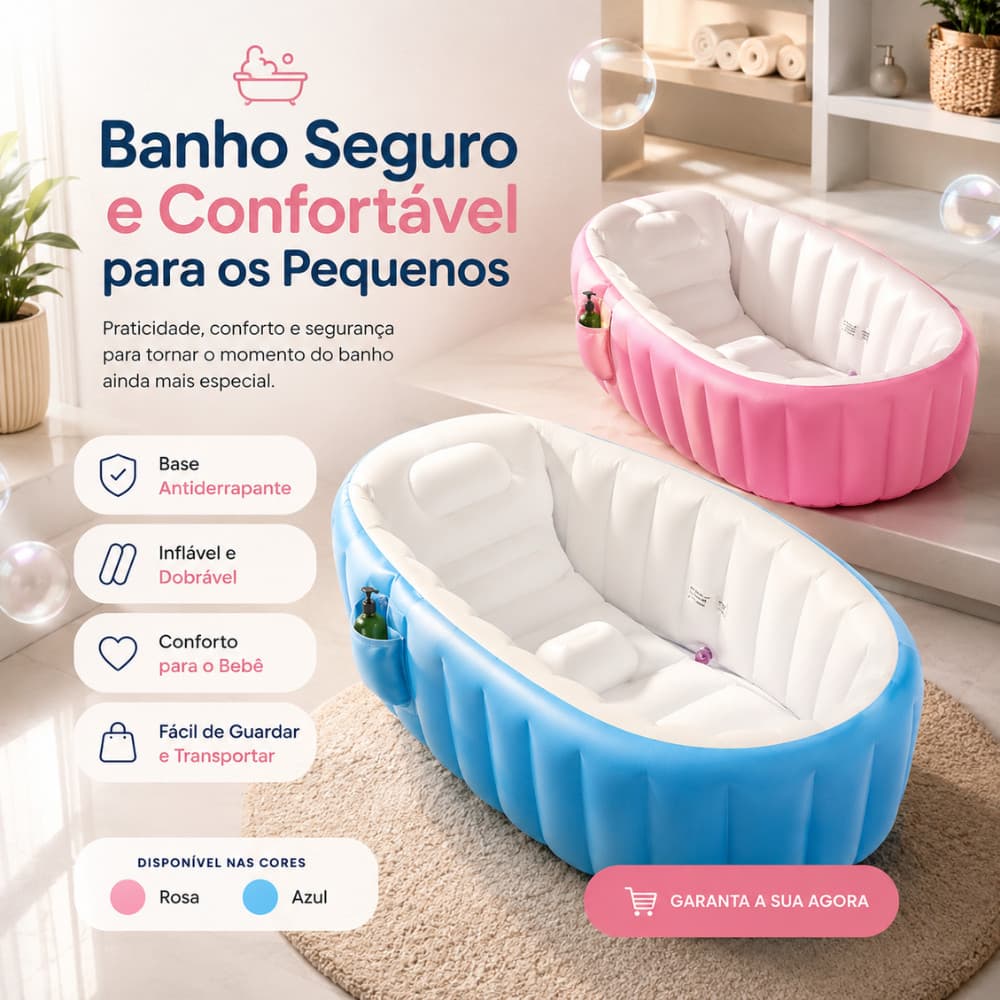 Banheira Inflável Bebê Dobrável Portátil Com Encosto Antiderrapante Infantil Rosa Azul