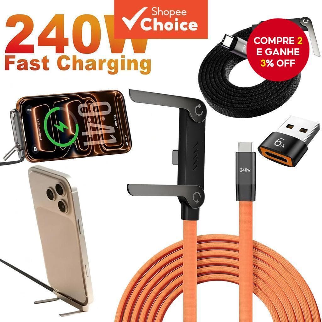 Cabo USB-C para USB-C, Carregamento rápido 240W, Cabo de carregamento com suporte invisível, Cabo USB-C plano,