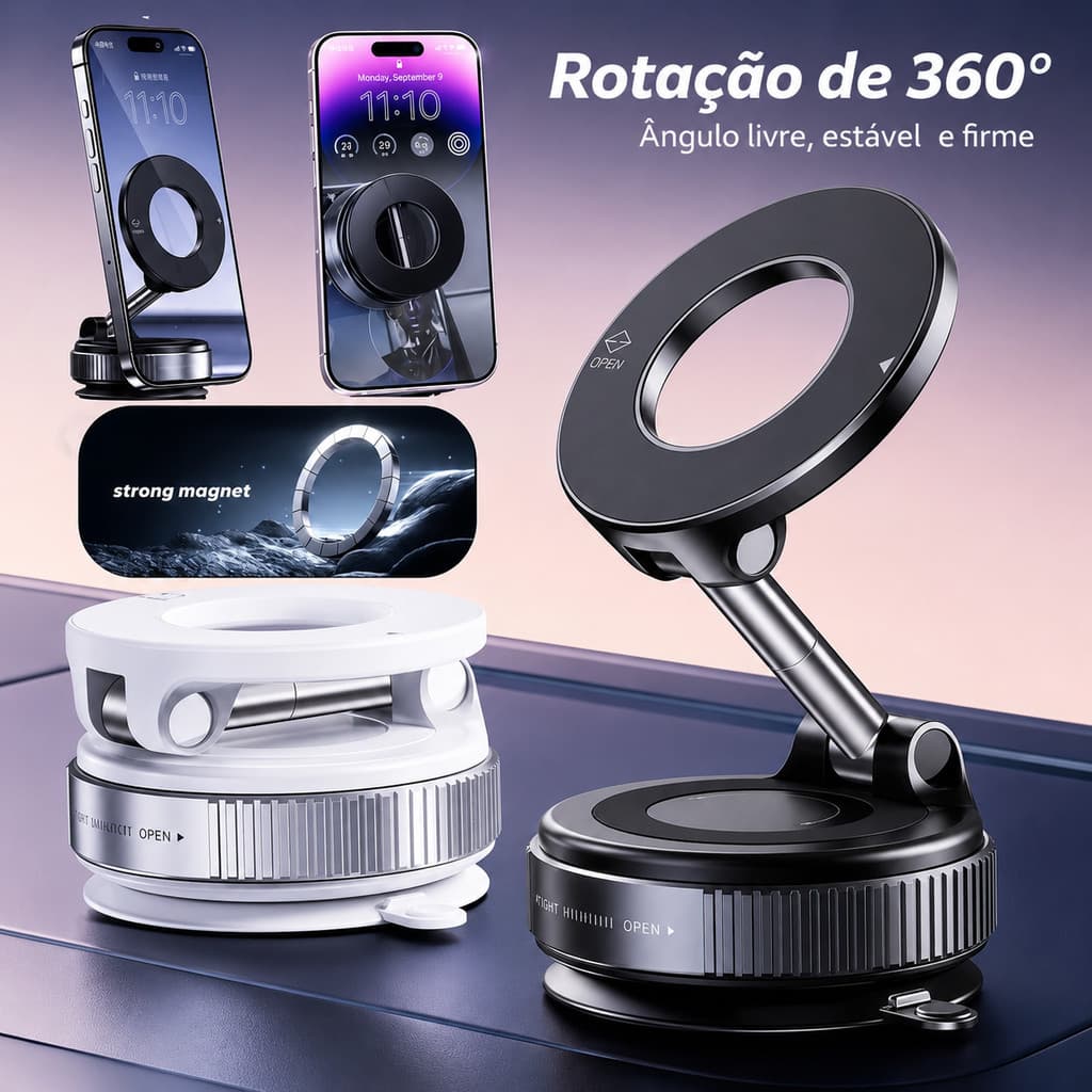 Suporte Magnético para Celular 360° com Ventosa Ajustável Dobrável para Carro e Mesa