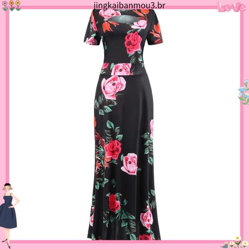 Vestido longo feminino com estampa de flores grandes vestido grande Swing