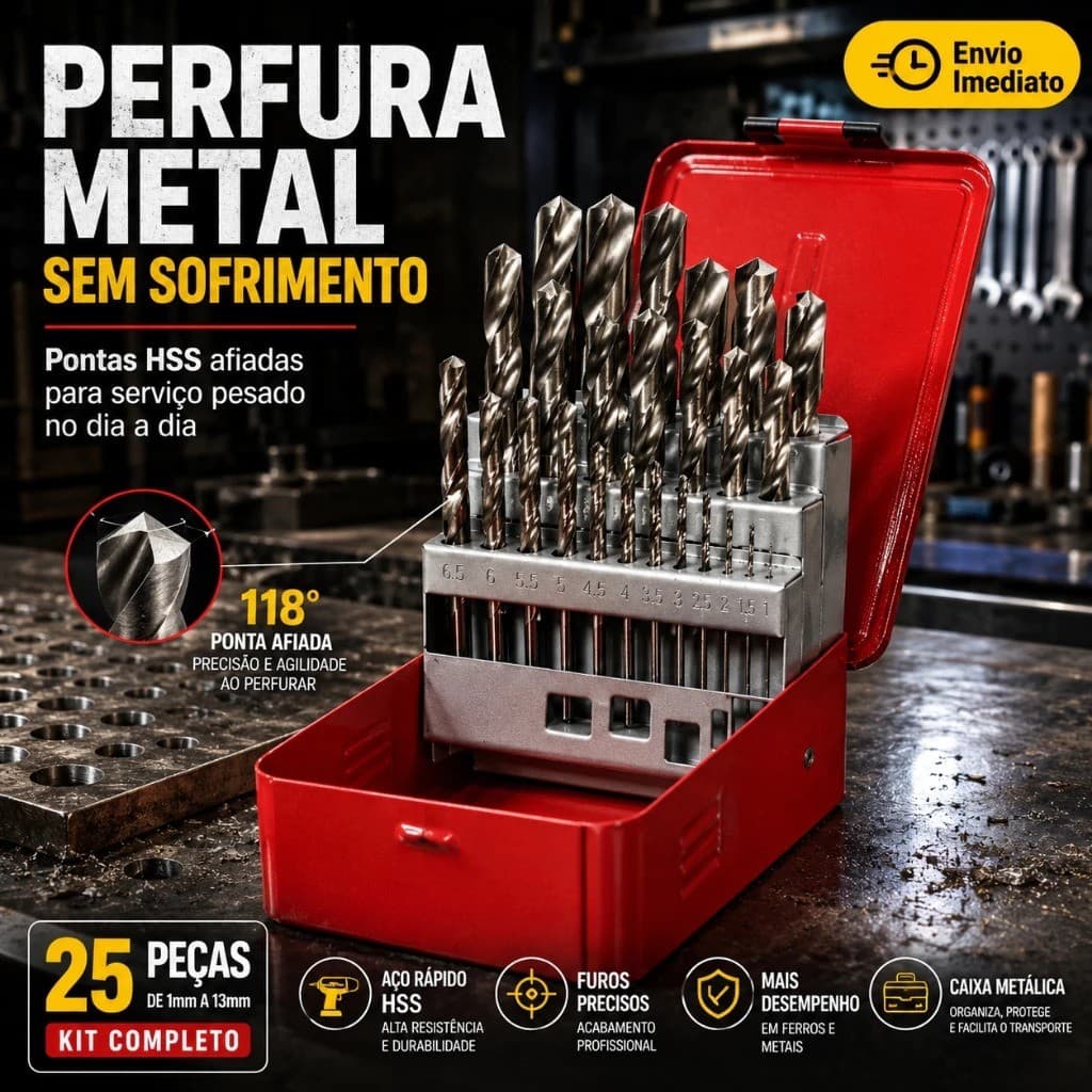 Kit Jogo De Brocas Hss Aço Rapido P/ferro C/25pçs / Caixa Metálica Novo