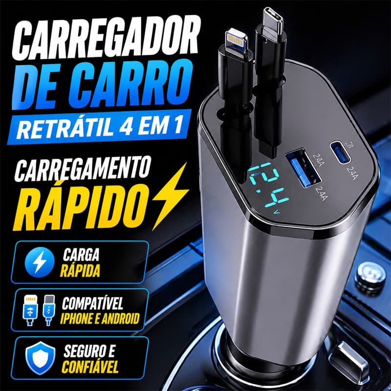 Carregador Rápido para Carro 4 em 1, Carregador de carro retrátil, para iPhone e Android