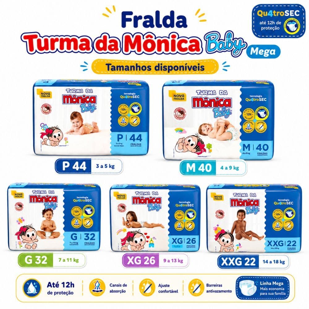 Fralda Infantil Turma da Mônica Tripla Proteção Jumbo