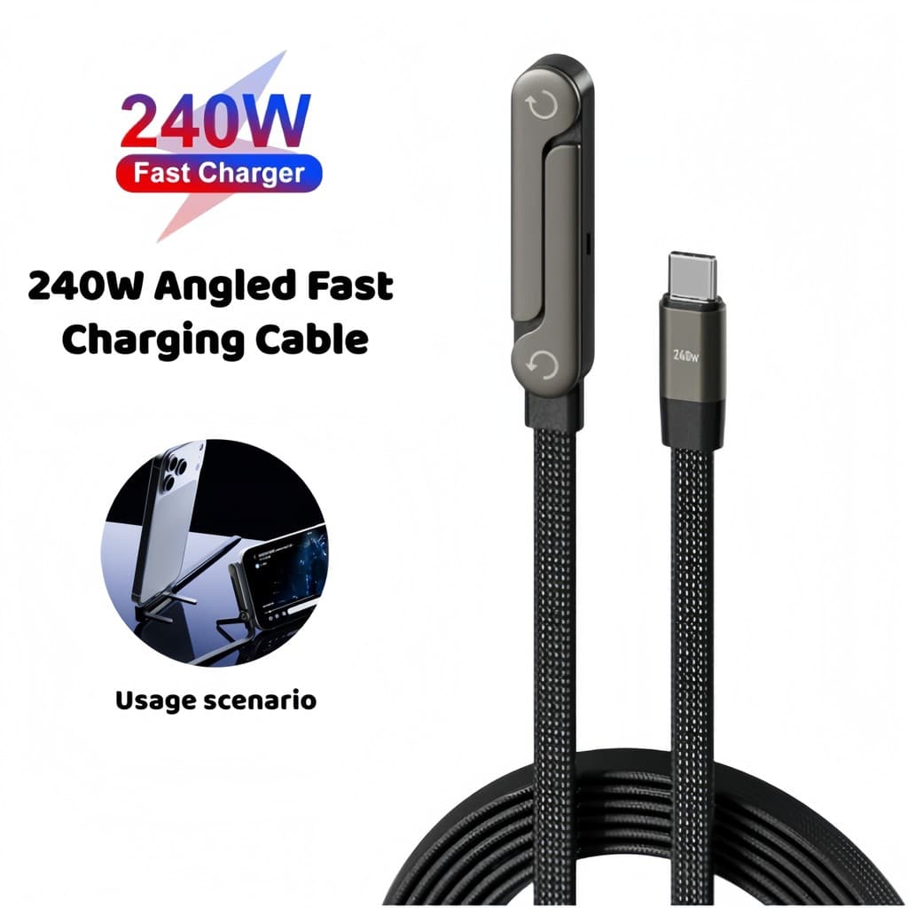 Cabo 240W Super Rápido Tipo-C com Suporte Dobrável e Conector Angular - Carregador para Jogos e Celular