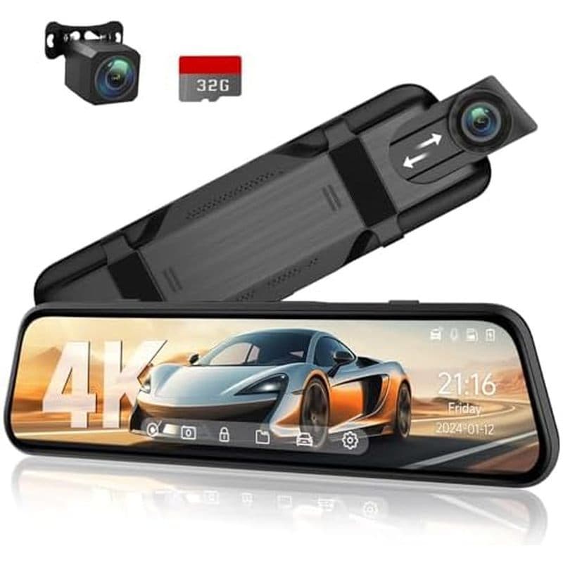 Câmera Com Espelho Retrovisor Veement 4K , Espelhada 4K De 10'De Backup 1080P , Dash Cam Frontal E Traseira Para Carro C