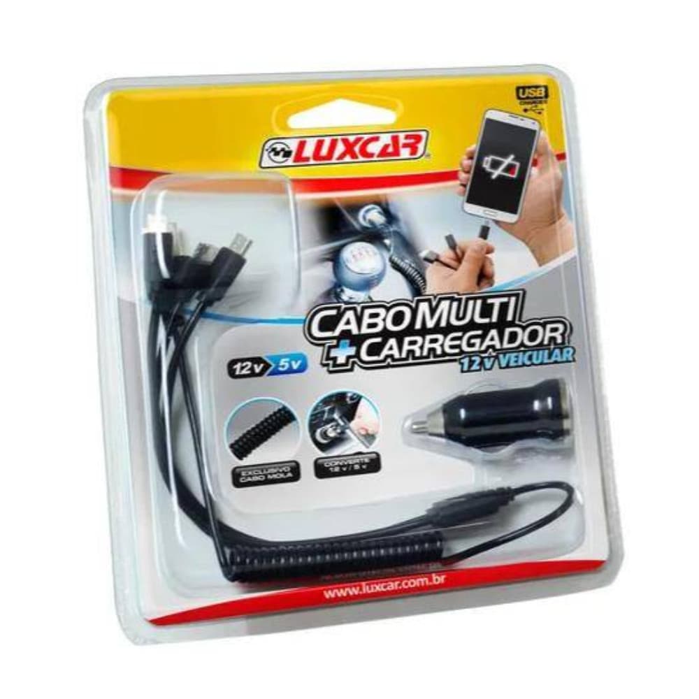 Cabo Multi Carregador Veicular 12V - LuxCar - Carregador Universal Android, iPhone