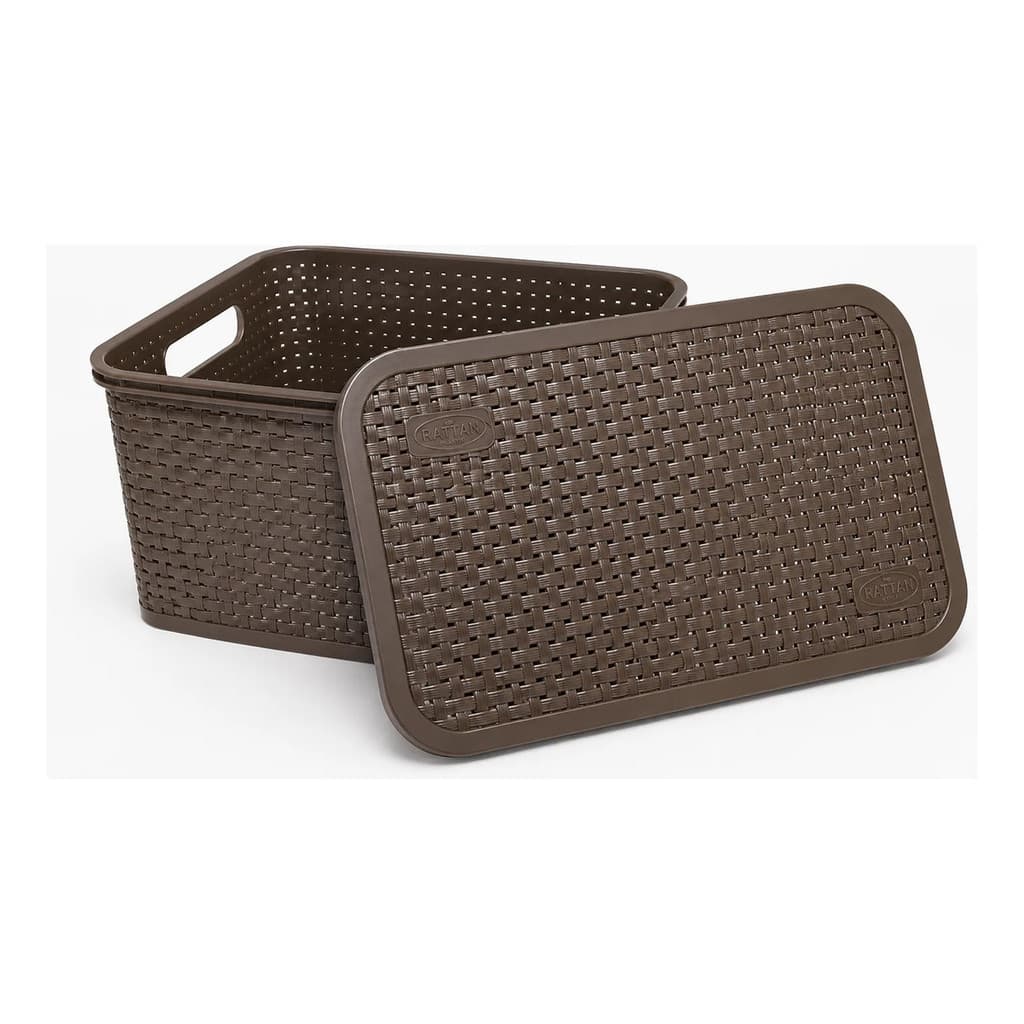 Caixa Organizadora Rattan Com Tampa Resistente Marrom Para Closet e Cozinha Multiuso 