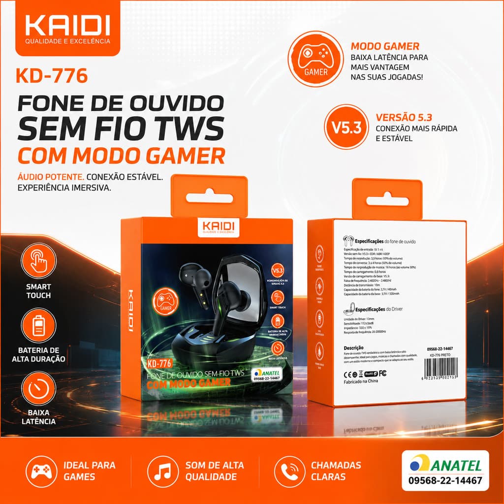 Fone De Ouvido Gamer Bluetooth Original Kaidi KD776 Fone Sem Fio TWS Fone De Ouvido