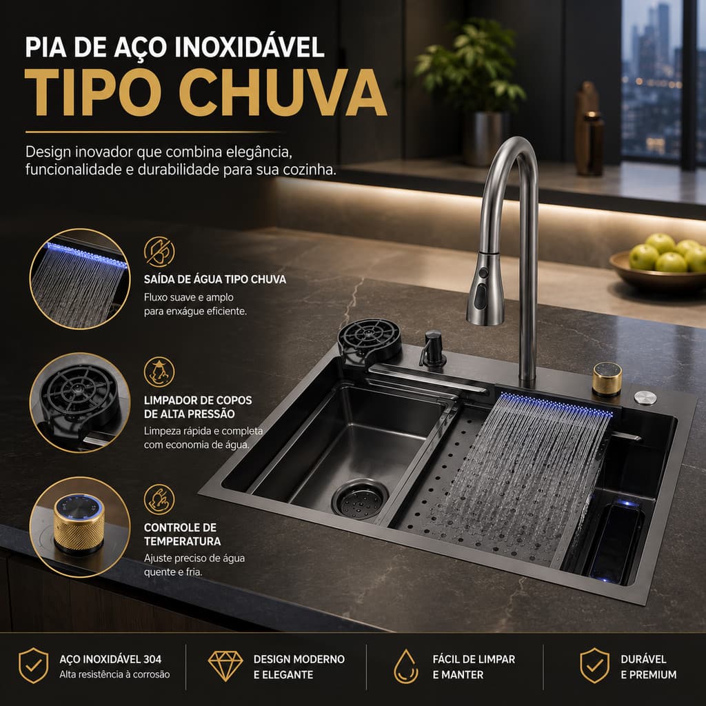 Cuba Cascata em Aço Inox 304 75x45cm Kit Gourmet Multifuncional e Inteligente com Torneira Lavador de Copos Inclusa