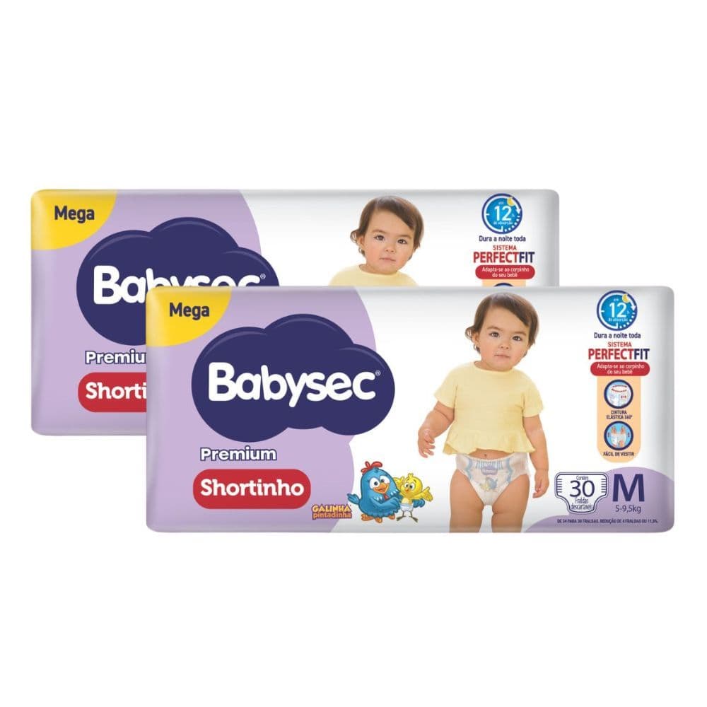 Kit 2 Fralda Shortinho Babysec Premium Tamanho M com 30 Fraldas Descartáveis