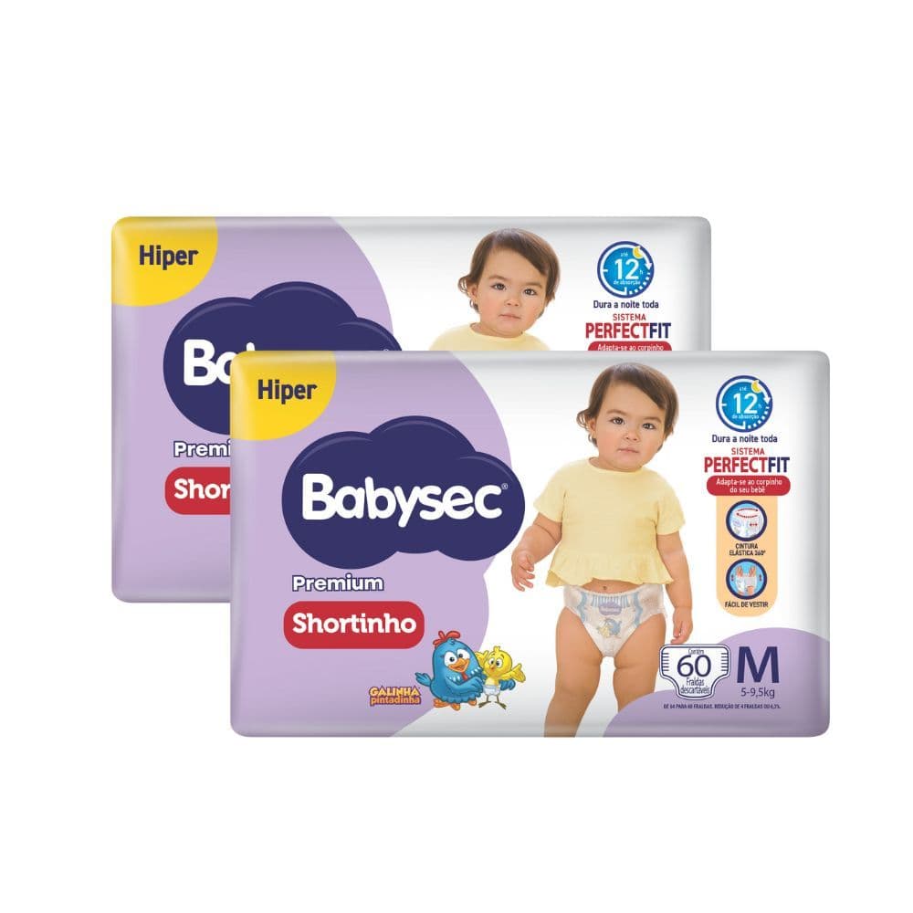 Kit 2 Fralda Shortinho Babysec Premium Tamanho M com 60 Fraldas Descartáveis