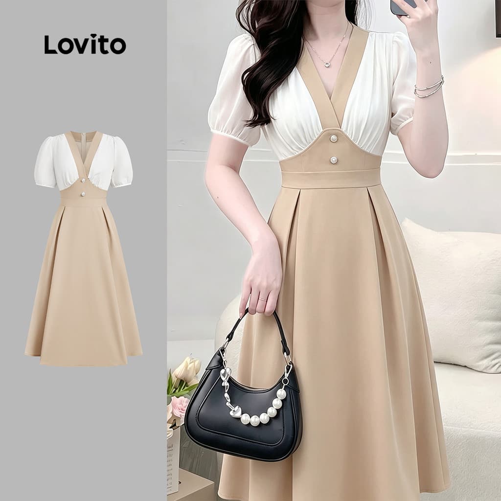 Lovito Vestido Elegante de Tecido com Costura para Primavera/verão em Caqui Vestido feminino LK6ED222