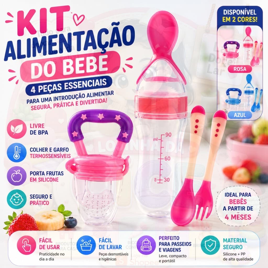 Kit Introdução Alimentar Bebê 4 Peças Porta Frutas Mamadeira Colher BPA Free
