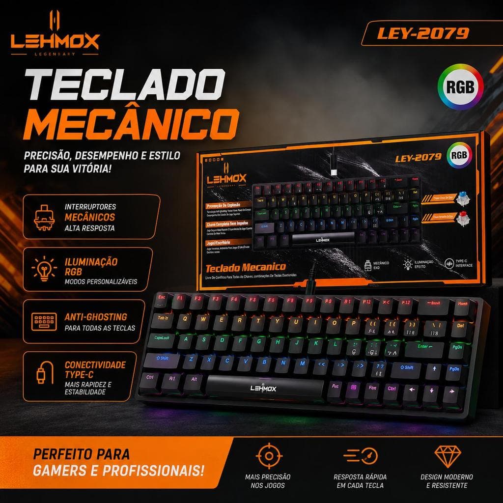 Teclado Mecânico Gamer Compacto 60% RGB USB Switch Mecânico LEY-079 para PC PS4 Xbox