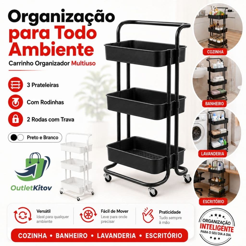 Carrinho organizador multiuso 3 Andares Alça Auxiliar Em Aço Fruteira Cozinha Banheiro Manicure