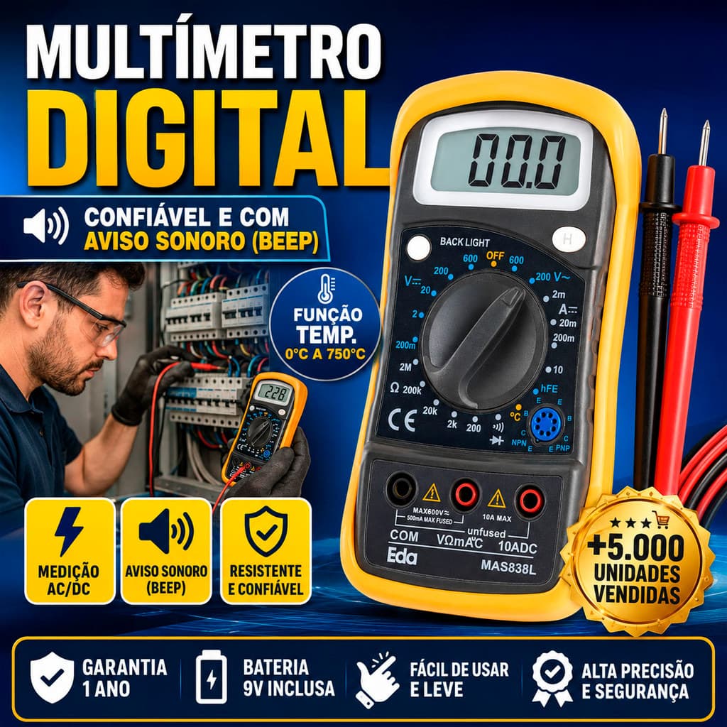 Multímetro Digital EDA Termopar Diagnósticos Elétricos Eletrônicos Voltímetro Amperímetro Ohmímetro