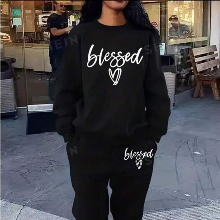 Conjunto Moletom Careca Gola Redonda Blessed Coração + Calça Moletom Blessed Coração Conjunto Esporte Casual Algodão
