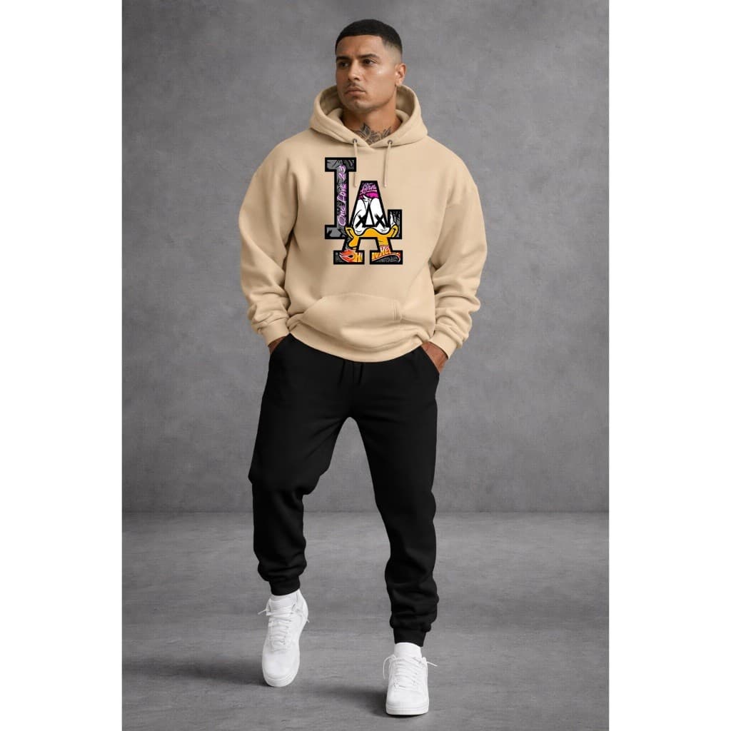 Conjunto Moletom Masculino LA Estampado com Capuz + Calça Jogger Moletom Inverno Casual Streetwear Confortável
