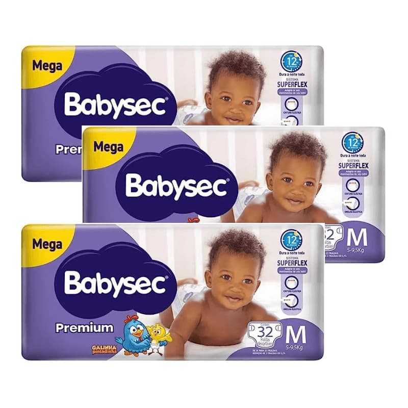 Kit 3 Fraldas Babysec Galinha Pintadinha Premium Mega M com 32 unidades